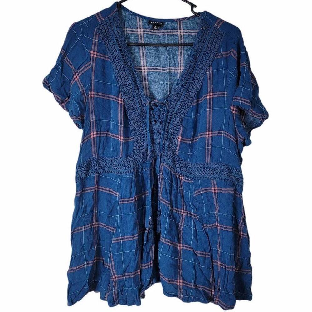 Torrid Babydoll‎ Blouse Plus Size 0X Crinkle Gauze Crochet Lace-Up Blue Plaid